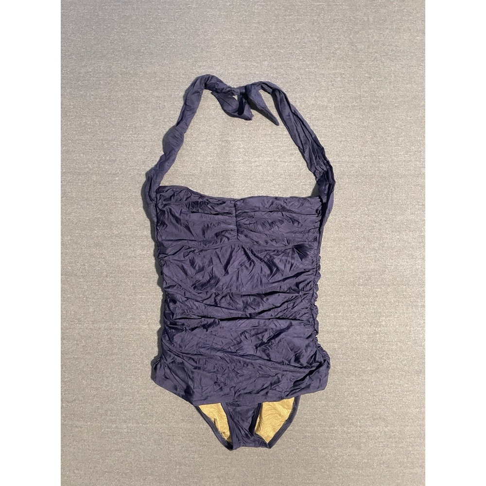 Navy Blue Halter One‎ Piece Swimsuit Tummy Control Ruched Classic